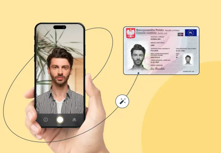Zdjęcie mężczyzny na ekranie telefonu obok dowodu osobistego.
