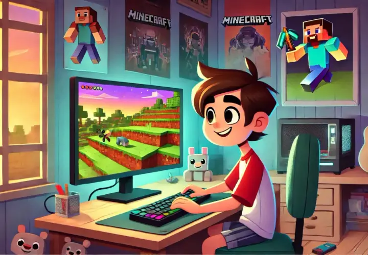 Chłopiec gra w gry online multiplayer, budując świat w stylu Minecraft. Na ścianie plakaty z gry i gitara.