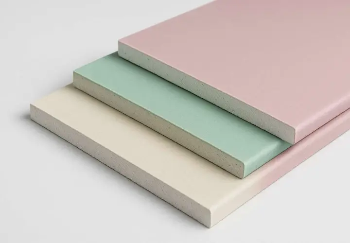 Tre lastre di cartongesso colorate, ideali per chi cerca il miglior cartongesso per umidità.