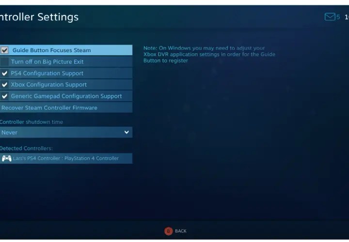 Ustawienia kontrolera Steam. Aby włączyć tryb Big Picture, upewnij się, że opcja "Guide Button Focuses Steam" jest zaznaczona.