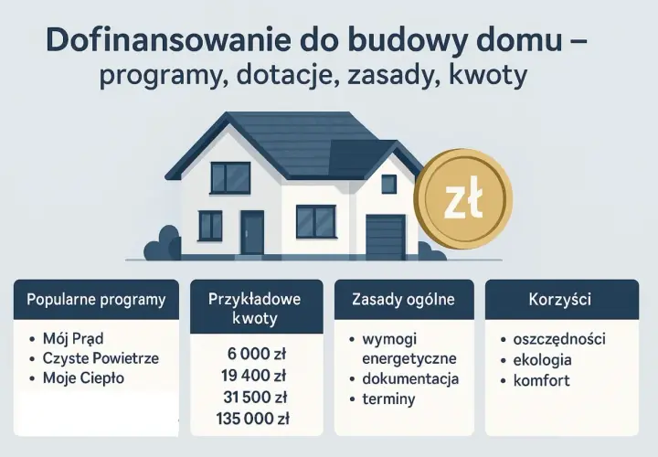 Dofinansowanie do budowy domu: programy, dotacje, zasady i kwoty. Ilustracja domu z monetą zł.