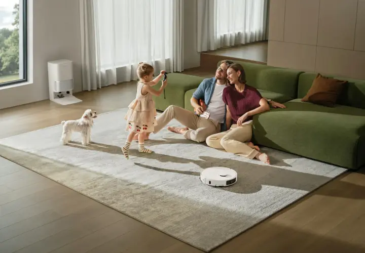 Familia feliz disfrutando de su hogar mientras un robot aspirador limpia. Las ventajas de la domótica se reflejan en este momento de paz y comodidad.