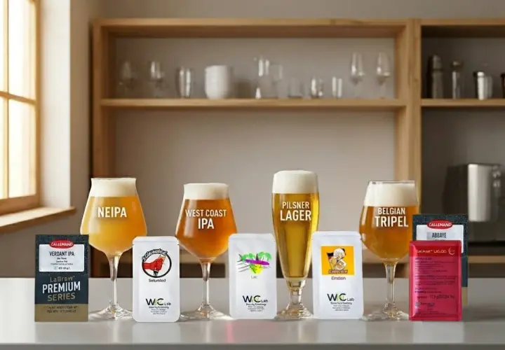 Verres de bière artisanale (NEIPA, West Coast IPA, Pilsner, Belgian Tripel) et sachets de levure de bière.