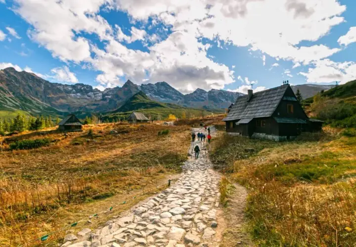 Kamienista ścieżka prowadzi przez polanę Rusinową do drewnianych bacówek. W tle majestatyczne Tatry.
