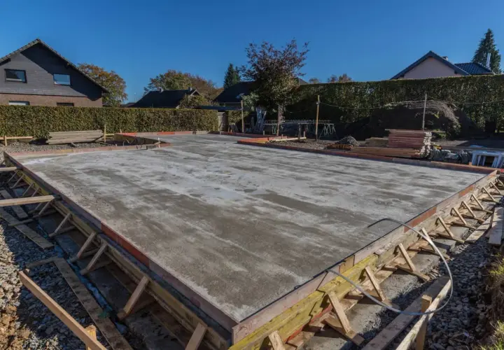 Der Schalung Aufbau für eine Betonplatte ist sichtbar. Holzstützen und Bretter formen den Rand der frisch gegossenen Bodenplatte.