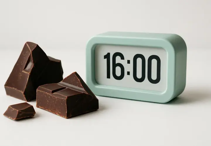 L'orologio segna le 16:00, l'ora perfetta per concedersi un pezzetto di cioccolato fondente, perché il cioccolato fondente fa bene.
