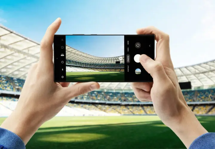 Dwie dłonie trzymają smartfon Samsung S23, robiąc zdjęcie pustego stadionu piłkarskiego.
