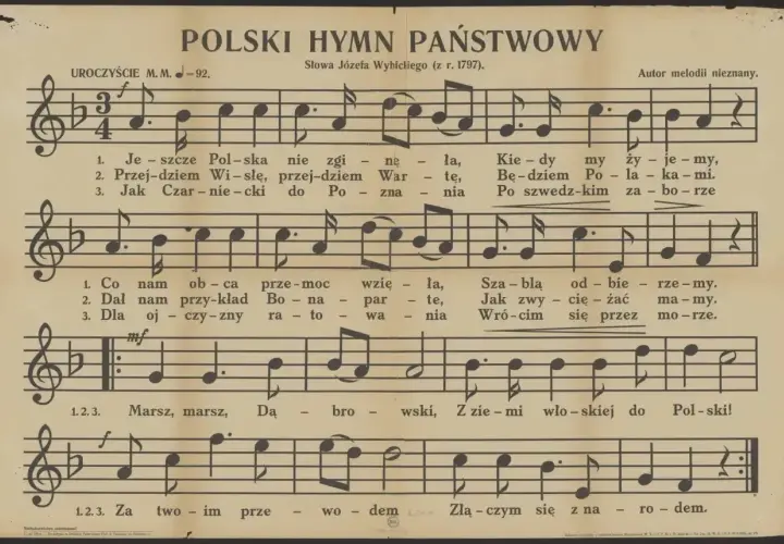 Polski hymn państwowy z nutami i tekstem. Melodia nieznana, słowa Józefa Wybickiego.
