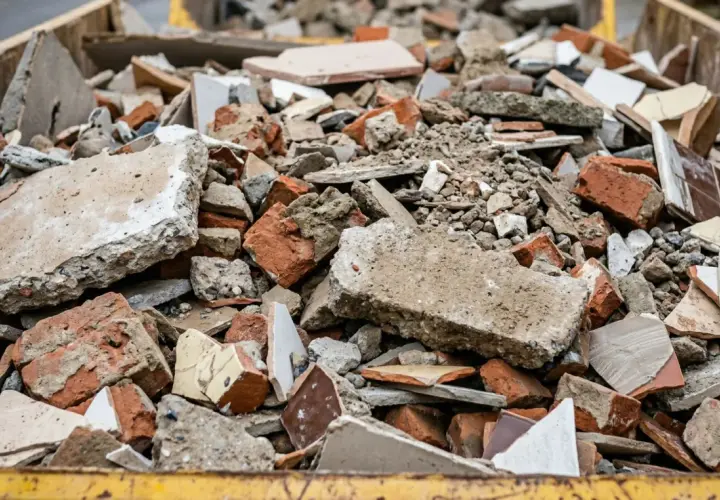 Gruz budowlany w kontenerze: potłuczona cegła, beton, płytki.
