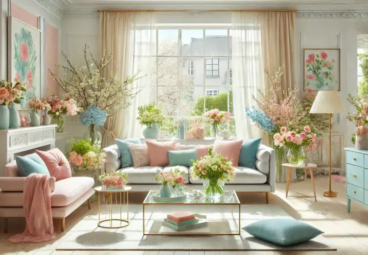 A light-filled living room with a pale pink sofa, abundant floral arrangements, and pastel accents. This space is perfect to refresh your home for spring.