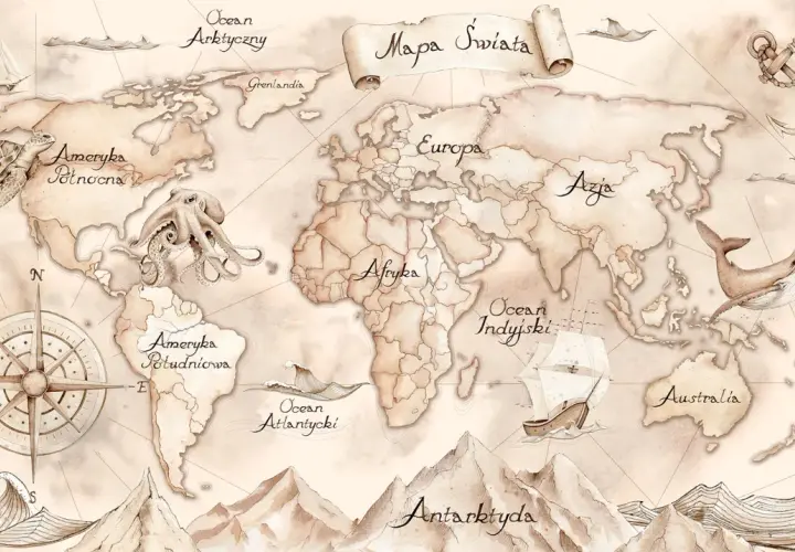 Mapa świata z wielorybem, żółwiem i ośmiornicą. Ta tapeta świata przeniesie Cię w podróż po kontynentach i oceanach.