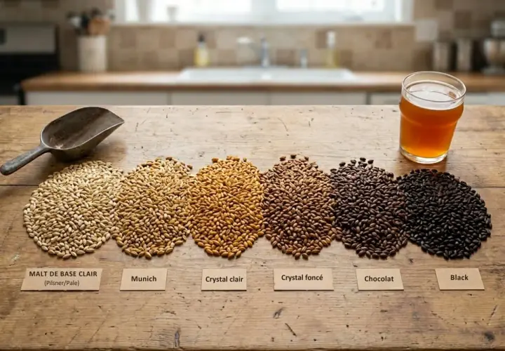 Six tas de blé malté, du clair au noir, illustrent la définition du blé malté. Une pelle et un verre de bière complètent la scène.