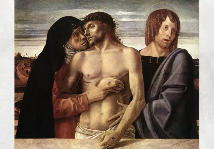Eine Pieta: Maria betrauert den toten Jesus, gestützt von Johannes.