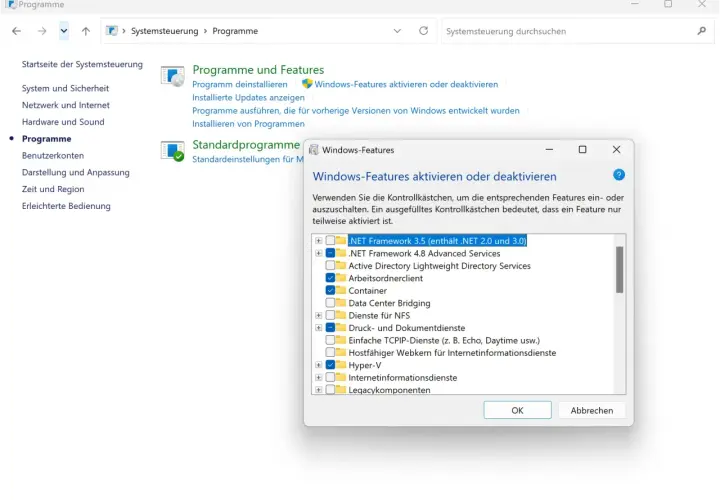 Windows 11 Recall deaktivieren: Im Fenster "Windows-Features" können Sie Programme wie .NET Framework 3.5 ein- oder ausschalten.