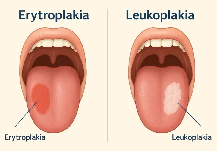 Dwa obrazy jamy ustnej: po lewej czerwona plama (erytroplakia), po prawej biała plama (leukoplakia jamy ustnej).