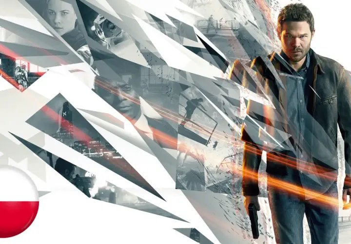 Jack Joyce z pistoletem, fragmenty miasta i postaci, flaga Polski. Quantum Break spolszczenie.