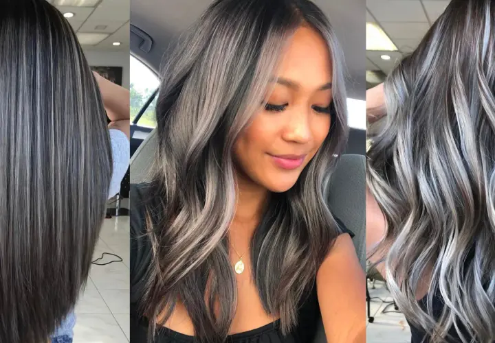 Cabello con mechas plateadas y grises, un estilo moderno que imita porque salen las canas, luciendo elegante y atrevido.