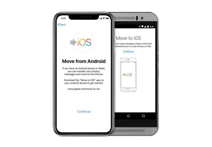 Jak namierzyć telefon? Ekran iPhone'a z napisem "Move from Android" i ekran telefonu z Androidem z napisem "Move to iOS".