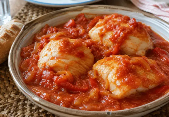 Bacalao con tomate, un plato casero con trozos de pescado blanco en una salsa roja de tomate y cebolla.