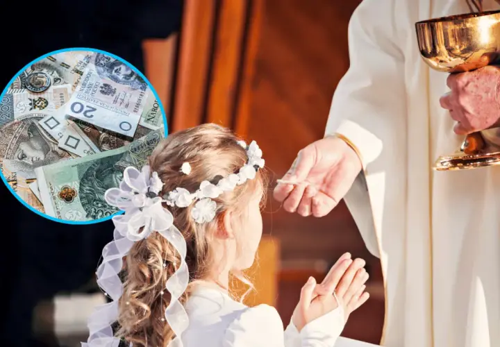 Komunia święta to ważny dzień, a pytanie "ile daje się na komunię" często towarzyszy uroczystości. Na zdjęciu widać dziewczynkę przyjmującą hostię i stos banknotów.