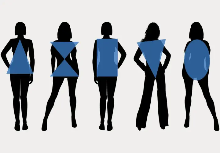 Silhouettes de femmes aux formes variées, chacune avec une forme géométrique bleue superposée. Une femme menue est représentée.