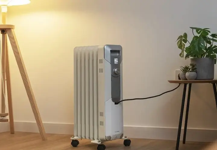 Estufa eléctrica de aceite con ruedas, conectada a la corriente, junto a una planta y una lámpara. Controla el consumo.