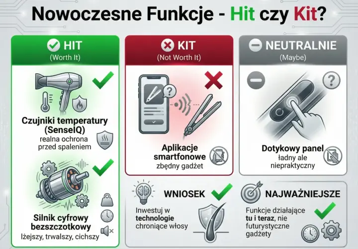 Porównanie suszarki cyfrowej a standardowej: HIT (czujniki temp., silnik bezszczotkowy) vs KIT (aplikacje smartfonowe, zbędny gadżet).