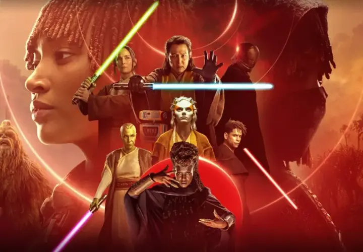Plakat Star Wars Acolyte: grupa postaci z mieczami świetlnymi, w tym Chewbacca, na tle galaktycznego miasta i lasu.