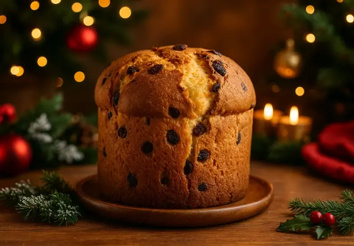 A puszysta babka panettone z rodzynkami na drewnianej desce, otoczona świątecznymi ozdobami i migoczącymi światełkami choinkowymi.