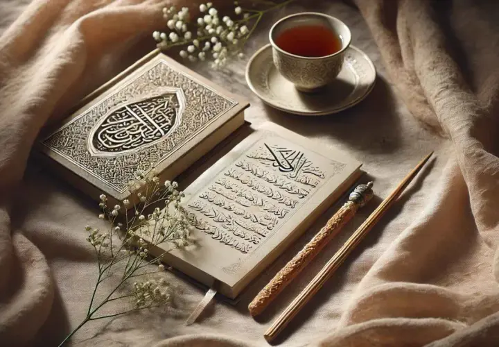 En öppen bok med arabisk skrift, en kopp te och en blomma. En stillsam scen som kan inspirera till hur man ber till Gud.