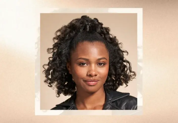 Mujer con pelo rizado corto recogido en una coleta alta. Un estilo moderno y favorecedor, el mejor corte para pelo rizado corto.