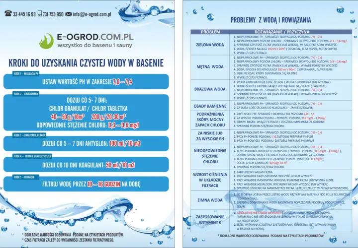 Jak utrzymać czystą wodę w basenie: regulacja pH 7,0-7,4, chlorowanie 0,3-0,6 mg/l, zwalczanie glonów i filtracja 10-16h/dobę.