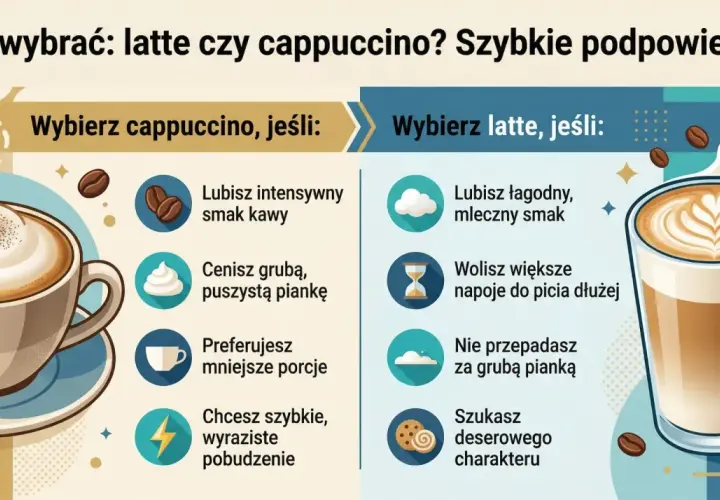 Porównanie: latte vs cappuccino. Wybierz cappuccino dla intensywnego smaku i grubej pianki, latte dla łagodności i deserowego charakteru.