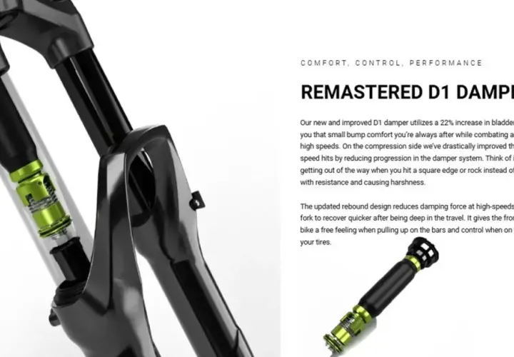 Close-up of a bicycle fork showing the internal D1 damper with green accents. This remastered D1 damper offers improved comfort and control.