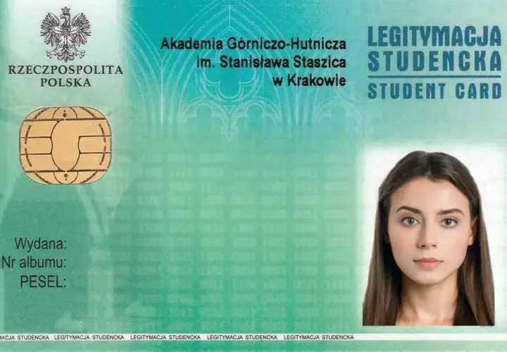 Legitymacja studencka AGH z wizerunkiem młodej kobiety, godłem Polski i chipem. Dokument potwierdza tożsamość studenta.