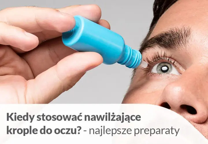 Dłoń aplikuje nawilżające krople do oczu, przynosząc ulgę zmęczonym oczom.