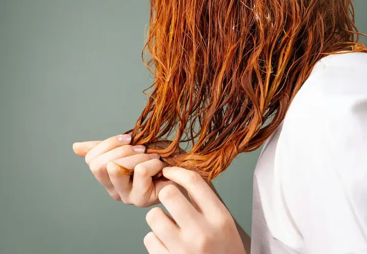 Manos revisando cabello mojado y teñido de naranja, quizás aplicando vinagre para el pelo para brillo y suavidad.