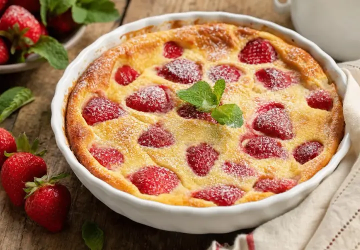 Un délicieux clafoutis aux fraises, saupoudré de sucre glace et garni d'une feuille de menthe, prêt à être dégusté.