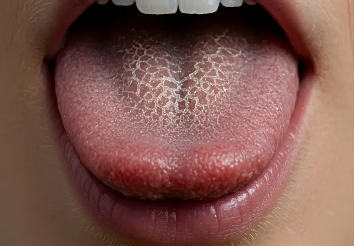 Lengua blanxa con un patrón agrietado, mostrando la textura y los labios rosados.
