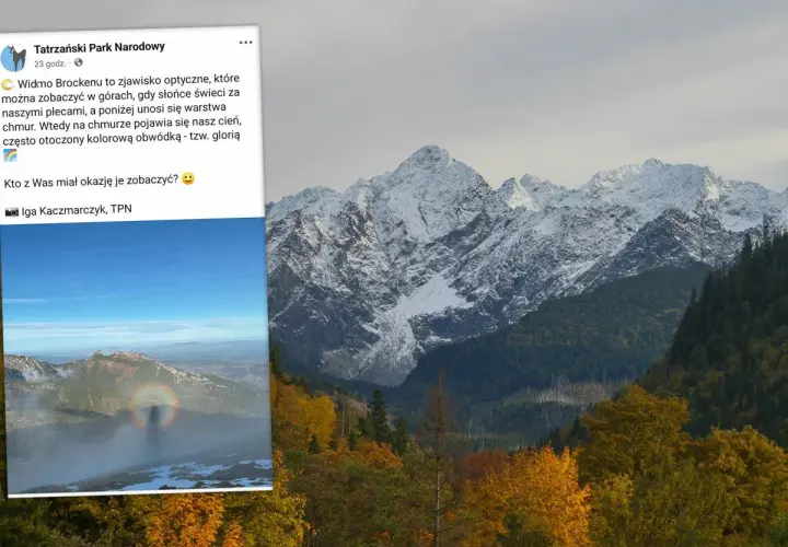 Widmo Brockenu nad górami, tęczowa aureola wokół cienia.