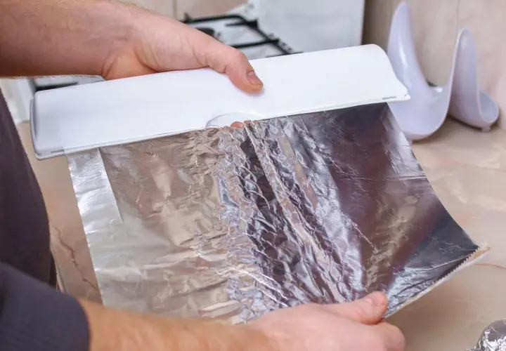 Ręce trzymają biały dozownik, z którego wysuwa się matowa strona folii aluminiowej. Gotowanie w kuchni.