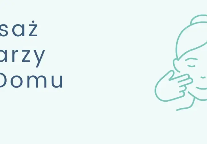 Ilustracja przedstawia twarz z zamkniętymi oczami i uśmiechem, na której palce wykonują delikatny masaż. Tekst "Masaż Twarzy W Domu" informuje o tematyce.