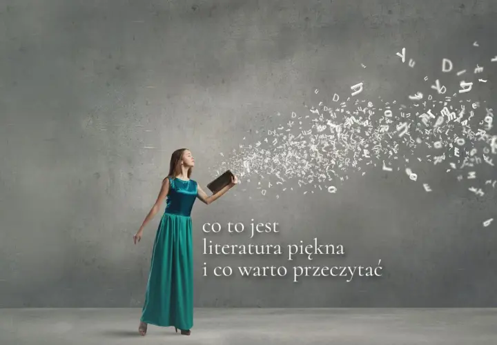 Kobieta w sukni wypuszcza z książki litery, symbolizujące literaturę piękną i jej granice.