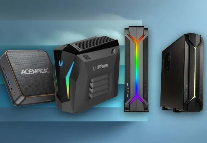 Quatre boîtiers d'ordinateurs, dont un petit ACEMAGIC et des modèles ZOTAC GAMING, illustrent ce qu'est un barebone PC.