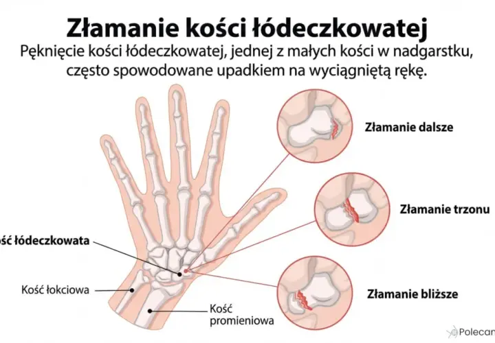 Ilustracja pokazuje złamanie kości łódeczkowatej nadgarstka, co może być podstawą do ubiegania się o odszkodowanie.