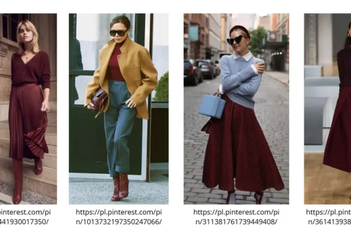 Eleganckie stylizacje z bordowymi spodniami i spódnicami. Wzorzysta spódnica midi, plisowana spódnica i szerokie spodnie w bordowym kolorze.