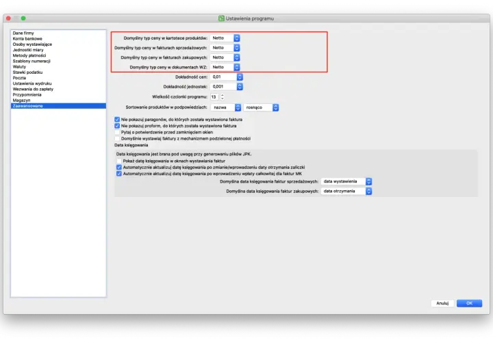 Ustawienia programu: domyślny typ ceny to netto. Określa, czy ceny są brutto czy netto.