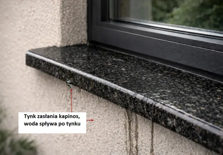 Zacieki na elewacji pod parapetem, woda spływa po tynku.