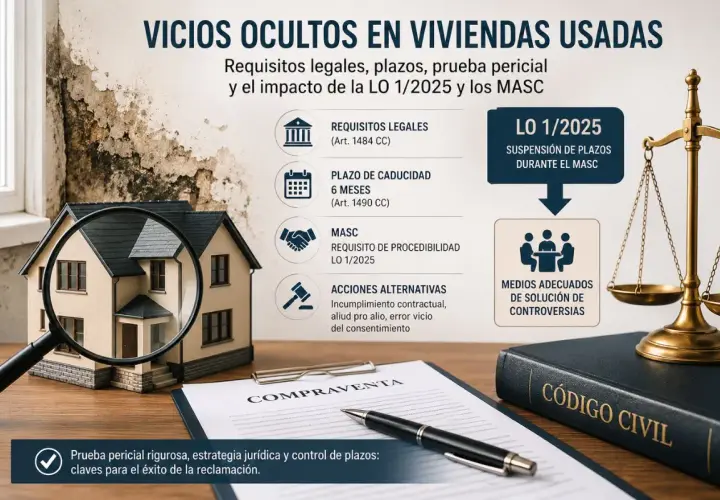 Maqueta de casa bajo lupa, contrato y Código Civil. Detalla requisitos, plazos y acciones para reclamar un vicio oculto en viviendas usadas.
