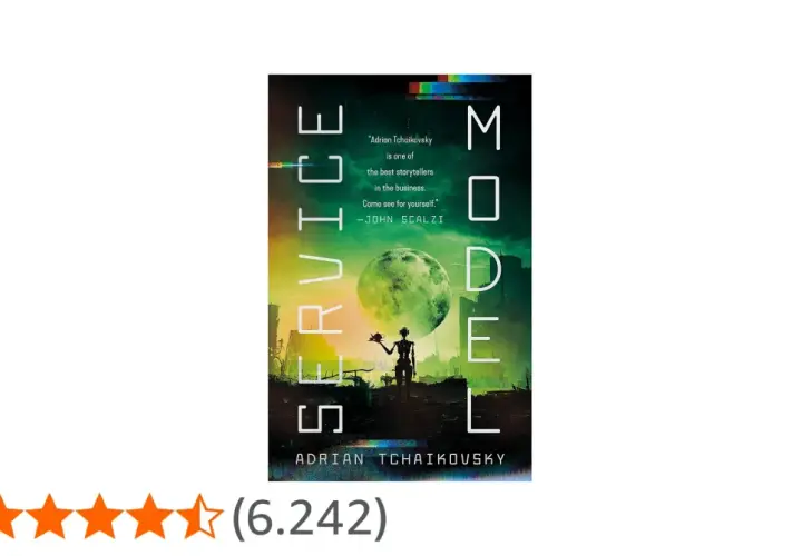 Cover von "Service Model" von Adrian Tchaikovsky. Ein Roboter steht vor einer grünen Mondlandschaft.